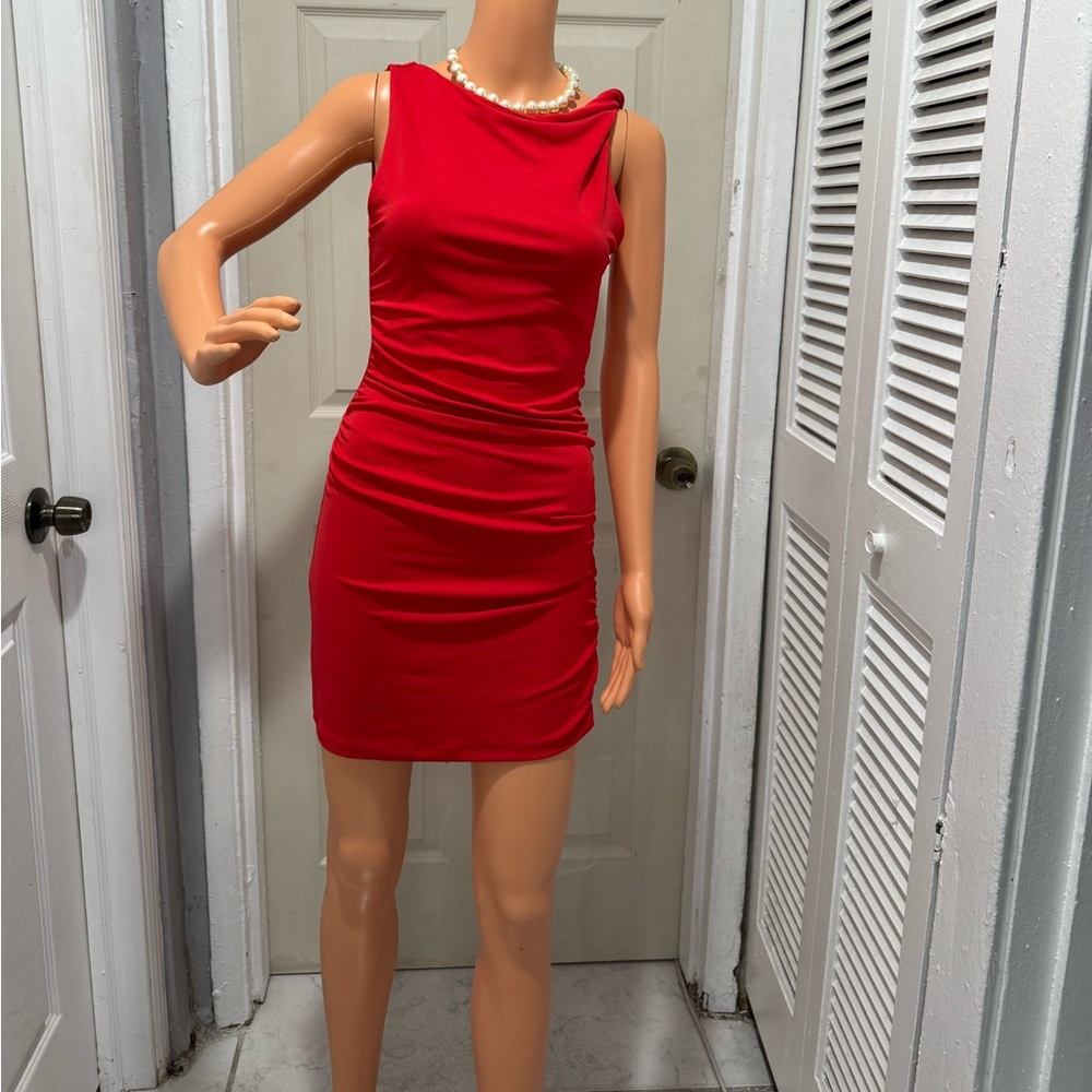 Zara Red Ruched Halter Mini Dress Size M/L. Very Elastic. Excellent condition